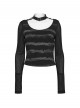 Black Gray Stretch Striped Tattered Knit U-Neck Splicing Mesh Long Sleeves Slim Fit Cool Punk Style T-Shirt