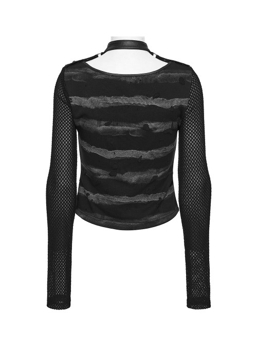 Black Gray Stretch Striped Tattered Knit U-Neck Splicing Mesh Long Sleeves Slim Fit Cool Punk Style T-Shirt