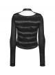 Black Gray Stretch Striped Tattered Knit U-Neck Splicing Mesh Long Sleeves Slim Fit Cool Punk Style T-Shirt