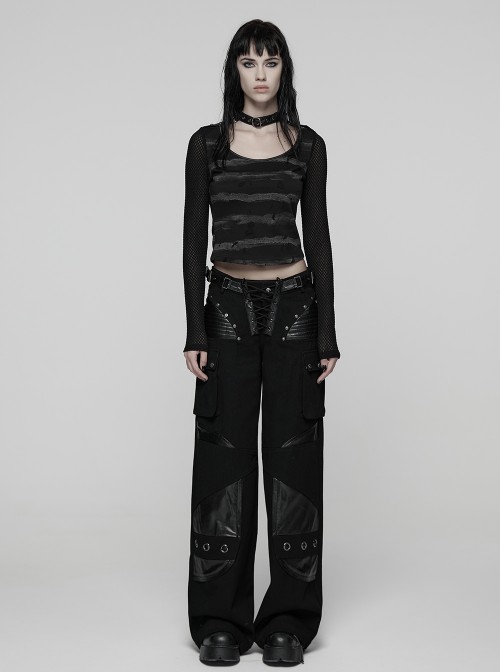 Black Gray Stretch Striped Tattered Knit U-Neck Splicing Mesh Long Sleeves Slim Fit Cool Punk Style T-Shirt