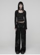 Black Gray Stretch Striped Tattered Knit U-Neck Splicing Mesh Long Sleeves Slim Fit Cool Punk Style T-Shirt