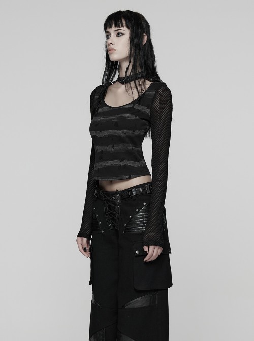 Black Gray Stretch Striped Tattered Knit U-Neck Splicing Mesh Long Sleeves Slim Fit Cool Punk Style T-Shirt