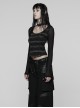 Black Gray Stretch Striped Tattered Knit U-Neck Splicing Mesh Long Sleeves Slim Fit Cool Punk Style T-Shirt