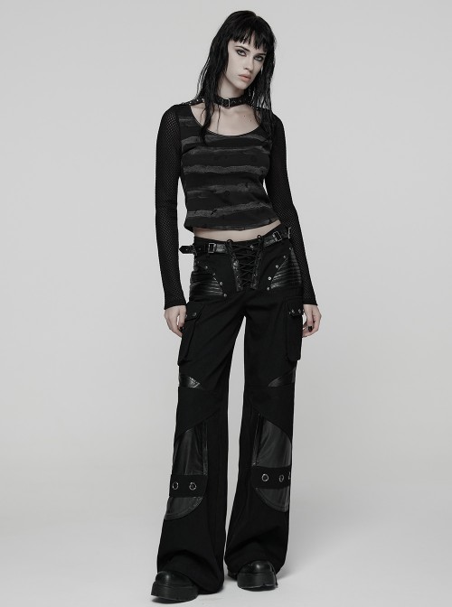 Black Gray Stretch Striped Tattered Knit U-Neck Splicing Mesh Long Sleeves Slim Fit Cool Punk Style T-Shirt