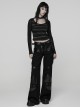 Black Gray Stretch Striped Tattered Knit U-Neck Splicing Mesh Long Sleeves Slim Fit Cool Punk Style T-Shirt