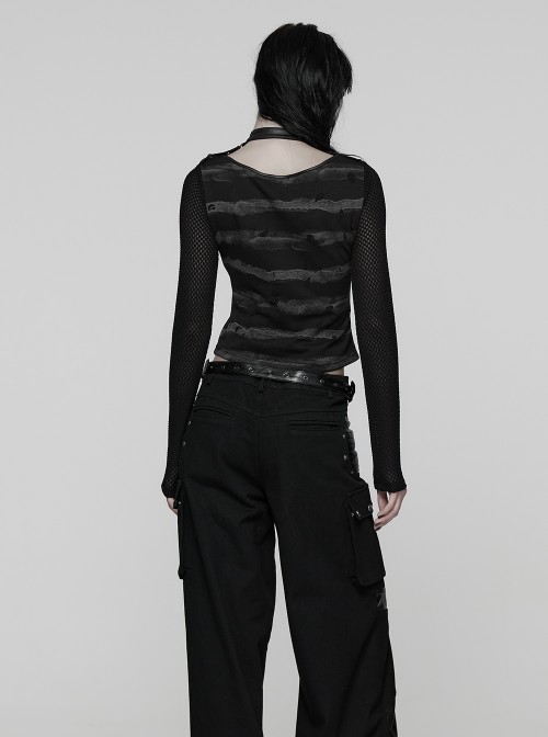 Black Gray Stretch Striped Tattered Knit U-Neck Splicing Mesh Long Sleeves Slim Fit Cool Punk Style T-Shirt