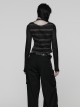 Black Gray Stretch Striped Tattered Knit U-Neck Splicing Mesh Long Sleeves Slim Fit Cool Punk Style T-Shirt