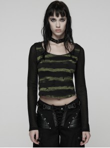 Black Green U-Neck Stretch Striped Tattered Knit Splicing Mesh Long Sleeves Slim Fit Cool Punk Style T-Shirt