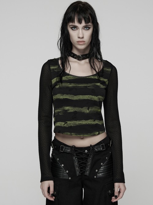 Black Green U-Neck Stretch Striped Tattered Knit Splicing Mesh Long Sleeves Slim Fit Cool Punk Style T-Shirt