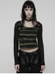 Black Green U-Neck Stretch Striped Tattered Knit Splicing Mesh Long Sleeves Slim Fit Cool Punk Style T-Shirt