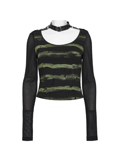 Black Green U-Neck Stretch Striped Tattered Knit Splicing Mesh Long Sleeves Slim Fit Cool Punk Style T-Shirt