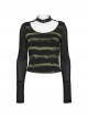 Black Green U-Neck Stretch Striped Tattered Knit Splicing Mesh Long Sleeves Slim Fit Cool Punk Style T-Shirt
