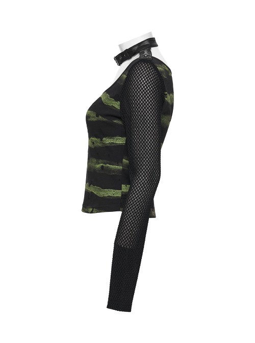 Black Green U-Neck Stretch Striped Tattered Knit Splicing Mesh Long Sleeves Slim Fit Cool Punk Style T-Shirt