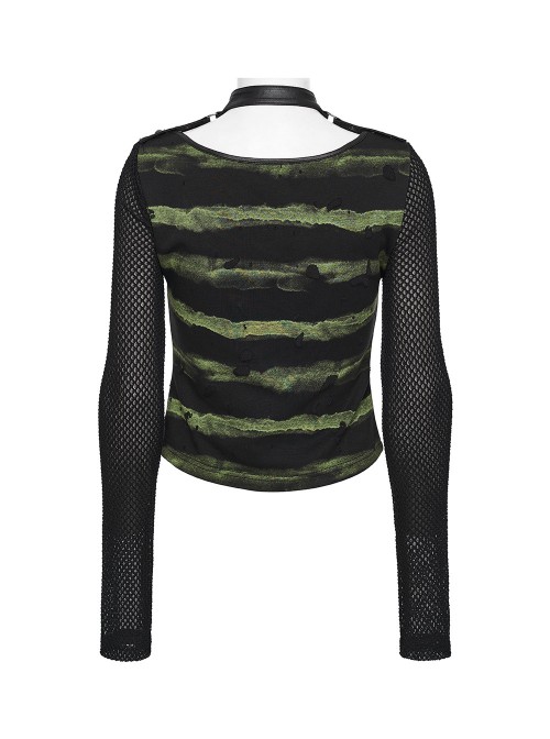 Black Green U-Neck Stretch Striped Tattered Knit Splicing Mesh Long Sleeves Slim Fit Cool Punk Style T-Shirt
