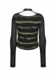 Black Green U-Neck Stretch Striped Tattered Knit Splicing Mesh Long Sleeves Slim Fit Cool Punk Style T-Shirt