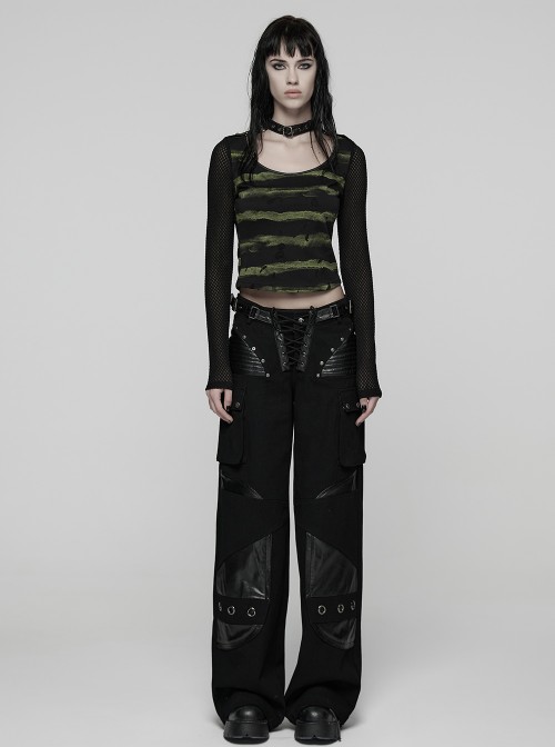 Black Green U-Neck Stretch Striped Tattered Knit Splicing Mesh Long Sleeves Slim Fit Cool Punk Style T-Shirt