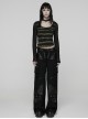 Black Green U-Neck Stretch Striped Tattered Knit Splicing Mesh Long Sleeves Slim Fit Cool Punk Style T-Shirt