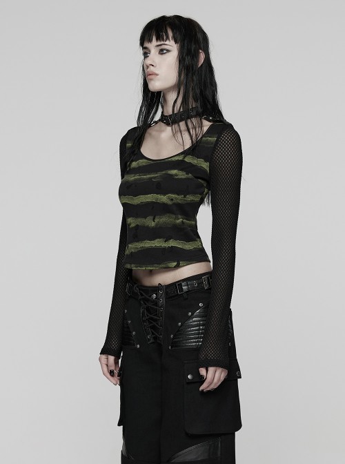 Black Green U-Neck Stretch Striped Tattered Knit Splicing Mesh Long Sleeves Slim Fit Cool Punk Style T-Shirt