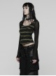 Black Green U-Neck Stretch Striped Tattered Knit Splicing Mesh Long Sleeves Slim Fit Cool Punk Style T-Shirt