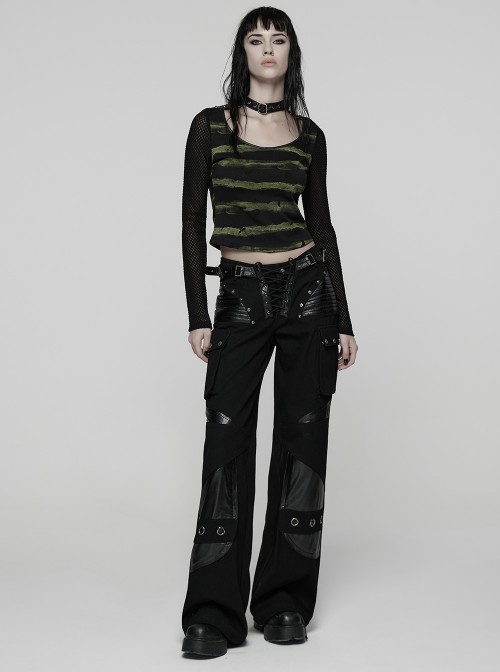 Black Green U-Neck Stretch Striped Tattered Knit Splicing Mesh Long Sleeves Slim Fit Cool Punk Style T-Shirt
