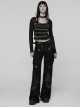 Black Green U-Neck Stretch Striped Tattered Knit Splicing Mesh Long Sleeves Slim Fit Cool Punk Style T-Shirt