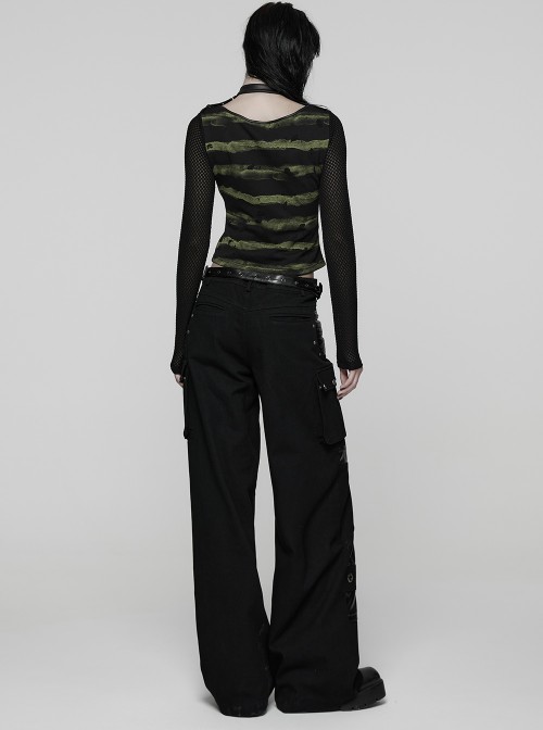 Black Green U-Neck Stretch Striped Tattered Knit Splicing Mesh Long Sleeves Slim Fit Cool Punk Style T-Shirt