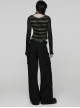 Black Green U-Neck Stretch Striped Tattered Knit Splicing Mesh Long Sleeves Slim Fit Cool Punk Style T-Shirt