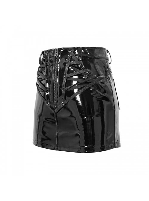 Stretchy Glazed Leather Lace-Up Zipper Black Tight Punk Short Skirt