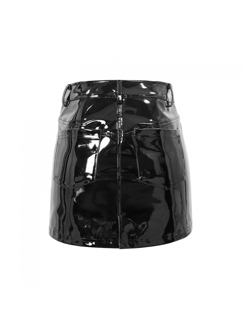 Stretchy Glazed Leather Lace-Up Zipper Black Tight Punk Short Skirt