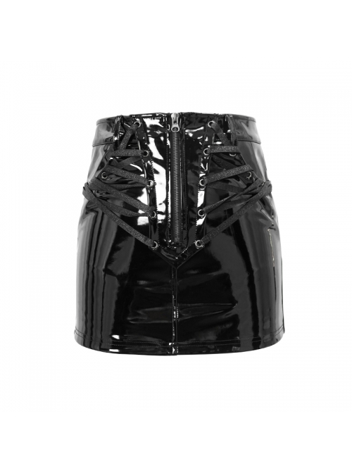 Stretchy Glazed Leather Lace-Up Zipper Black Tight Punk Short Skirt