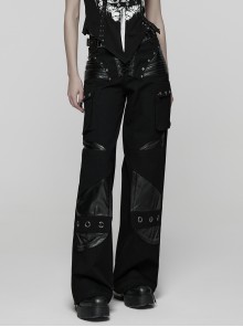 Black Contrasting Fabrics Patchwork Design Loose Straight Low-Waist Casual Punk Style Wide-Leg Pants