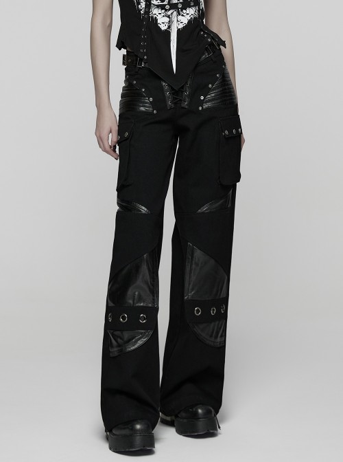 Black Contrasting Fabrics Patchwork Design Loose Straight Low-Waist Casual Punk Style Wide-Leg Pants