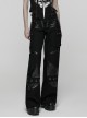 Black Contrasting Fabrics Patchwork Design Loose Straight Low-Waist Casual Punk Style Wide-Leg Pants