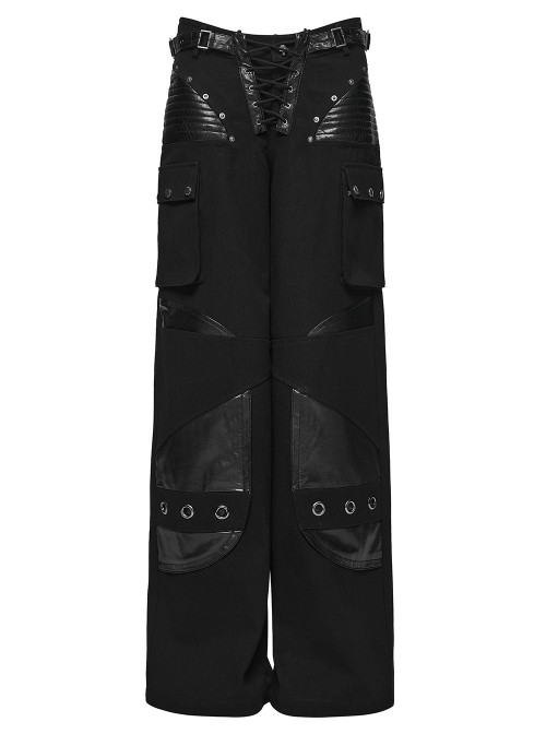 Black Contrasting Fabrics Patchwork Design Loose Straight Low-Waist Casual Punk Style Wide-Leg Pants