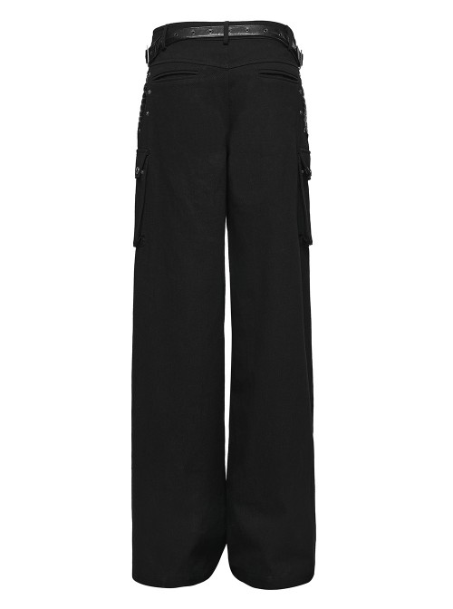 Black Contrasting Fabrics Patchwork Design Loose Straight Low-Waist Casual Punk Style Wide-Leg Pants