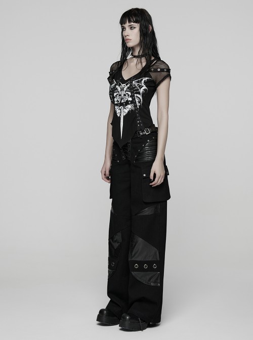 Black Contrasting Fabrics Patchwork Design Loose Straight Low-Waist Casual Punk Style Wide-Leg Pants