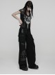 Black Contrasting Fabrics Patchwork Design Loose Straight Low-Waist Casual Punk Style Wide-Leg Pants