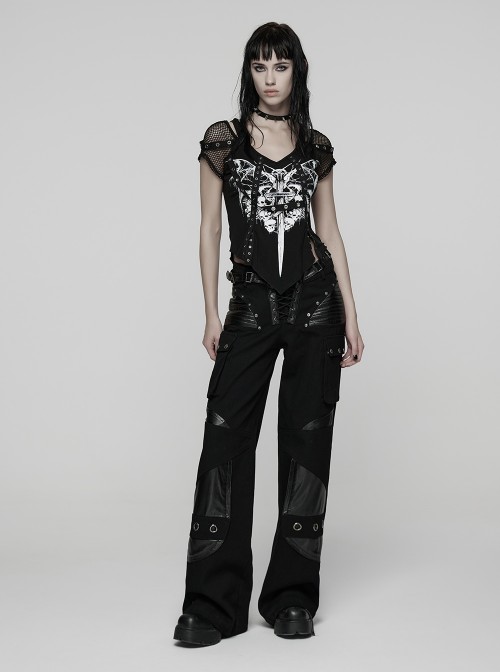 Black Contrasting Fabrics Patchwork Design Loose Straight Low-Waist Casual Punk Style Wide-Leg Pants