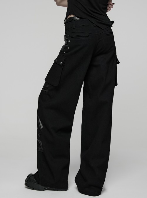 Black Contrasting Fabrics Patchwork Design Loose Straight Low-Waist Casual Punk Style Wide-Leg Pants
