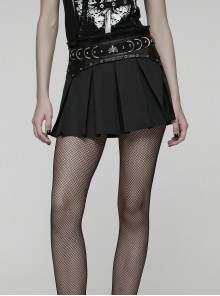Black Splicing Twill Metal Ornaments Side Zipper Punk Style Pleated A-Line Mini Skirt