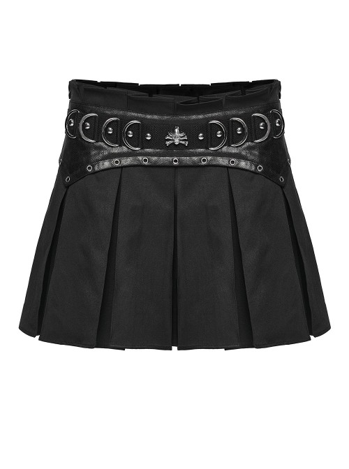 Black Splicing Twill Metal Ornaments Side Zipper Punk Style Pleated A-Line Mini Skirt