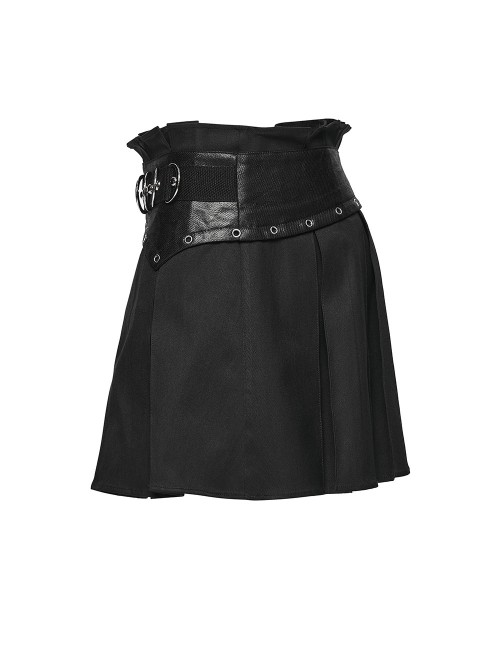 Black Splicing Twill Metal Ornaments Side Zipper Punk Style Pleated A-Line Mini Skirt