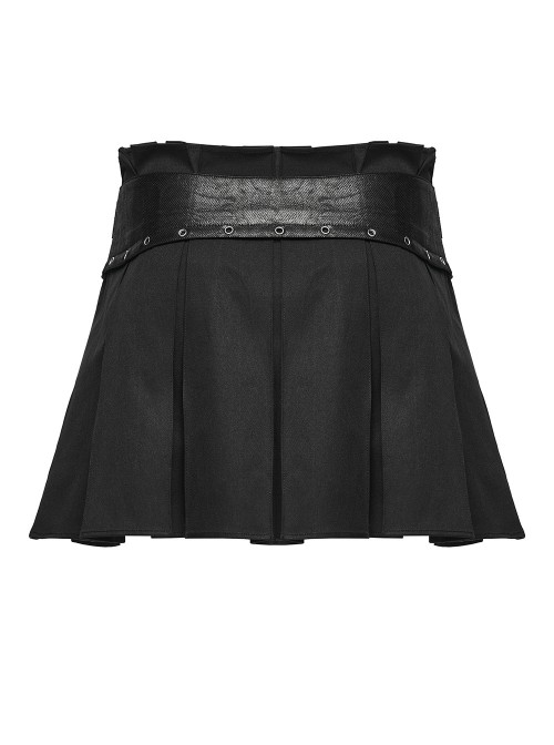 Black Splicing Twill Metal Ornaments Side Zipper Punk Style Pleated A-Line Mini Skirt