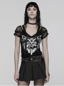 Black Personalized Printed Knit Splicing Mesh Short Sleeves Rebellious Punk Style T-Shirt