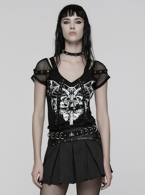 Black Personalized Printed Knit Splicing Mesh Short Sleeves Rebellious Punk Style T-Shirt