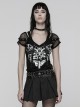Black Personalized Printed Knit Splicing Mesh Short Sleeves Rebellious Punk Style T-Shirt