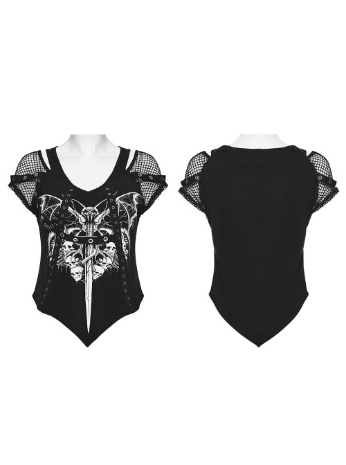 Black Personalized Printed Knit Splicing Mesh Short Sleeves Rebellious Punk Style T-Shirt