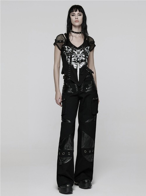 Black Personalized Printed Knit Splicing Mesh Short Sleeves Rebellious Punk Style T-Shirt