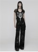 Black Personalized Printed Knit Splicing Mesh Short Sleeves Rebellious Punk Style T-Shirt