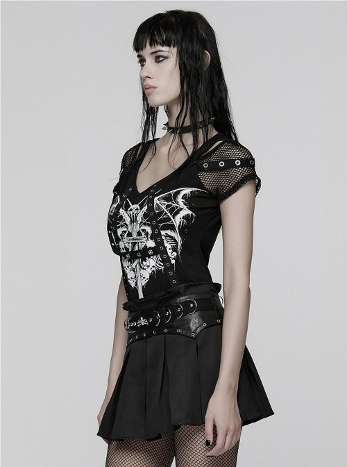 Black Personalized Printed Knit Splicing Mesh Short Sleeves Rebellious Punk Style T-Shirt